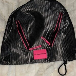 Victoria's Secret Black Mesh backpack Bag with Pink Zippers